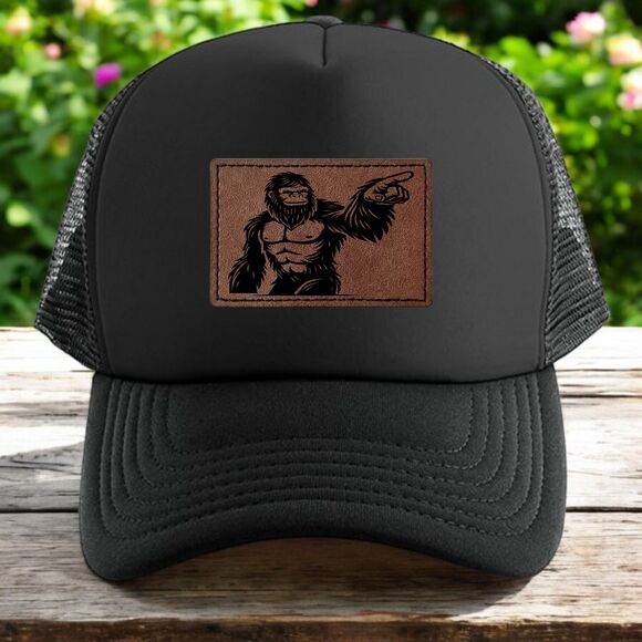 Bigfoot trucker hat mens O/S black snapback engraved sasquatch pointing - Picture 1 of 4